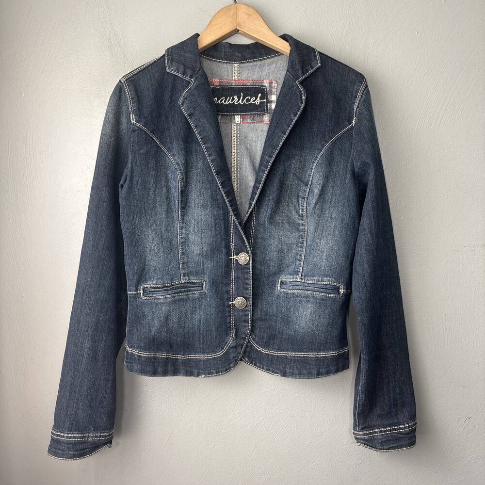 Maurices Jacket Size Medium Blue Jean Denim Fitted Scarlett Blazer Y2K 2000s
